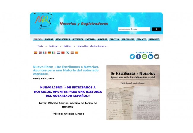 [PRENSA] NOTARIOS Y REGISTRADORES: Nuevo libro: «De Escribanos a Notarios. Apuntes para una historia del notariado español»